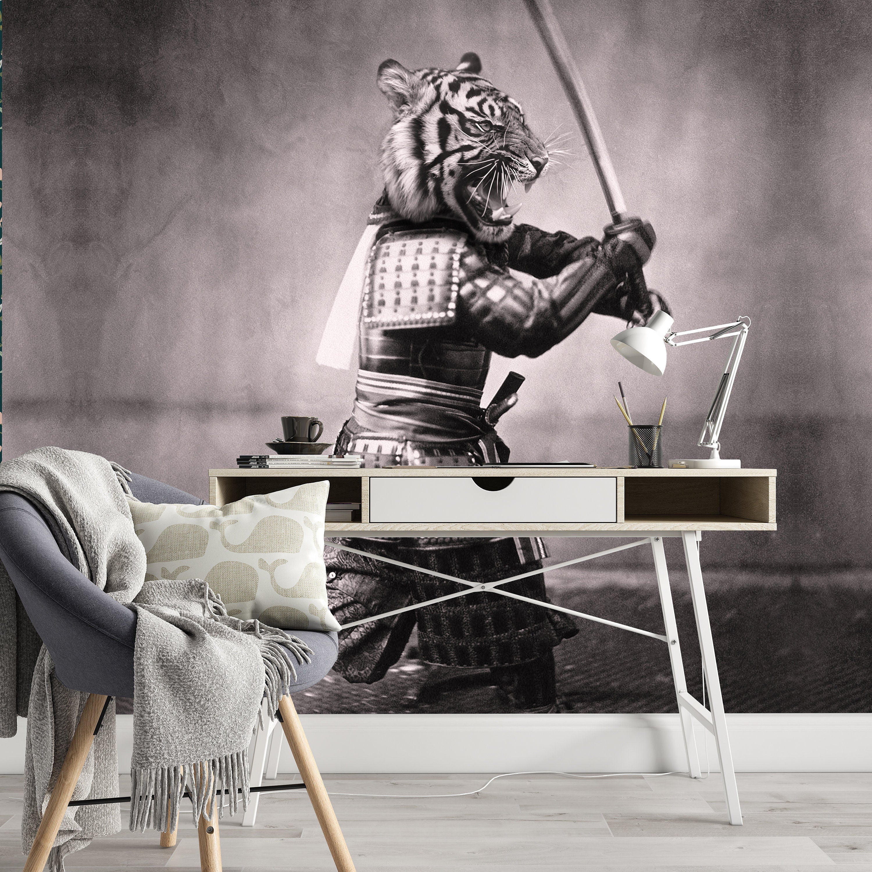 Samurai Tiger Removable Wallpaper, Japanese , Black and White