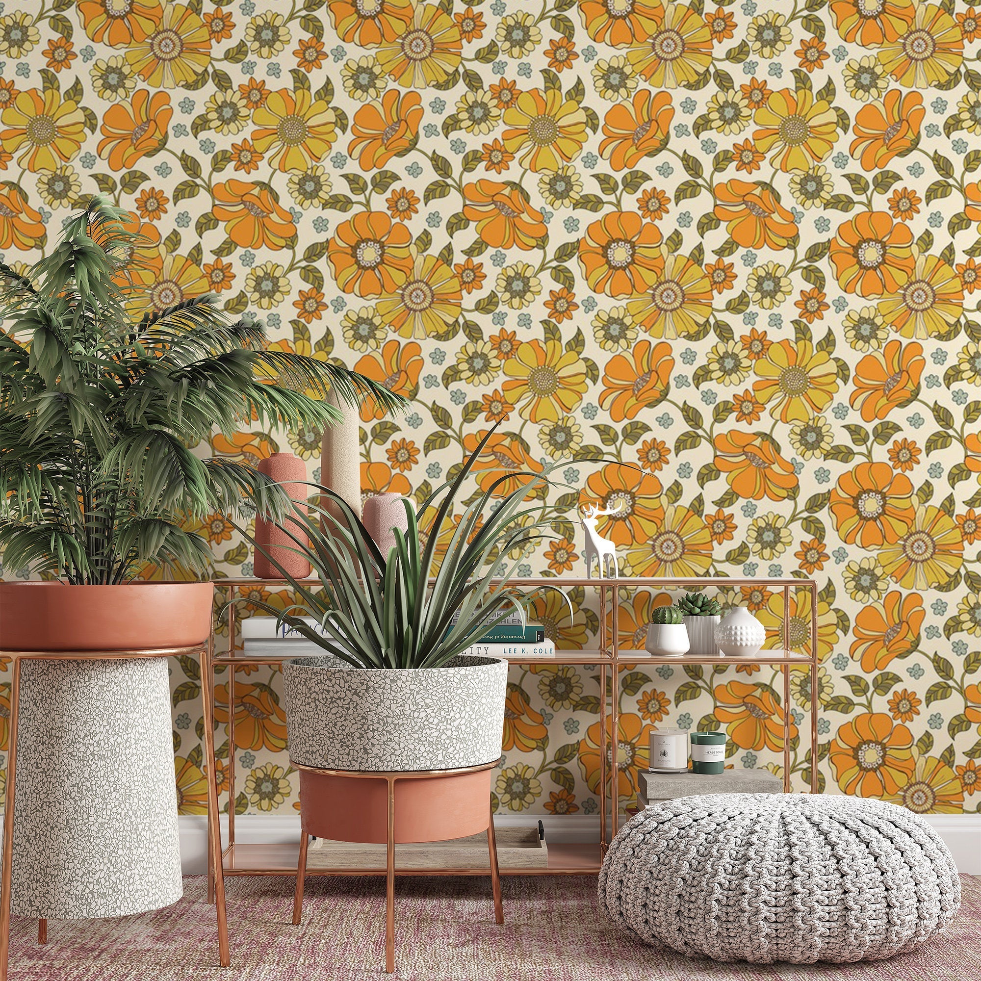 Floral Pattern Removable Wallpaper, Pretty Orange Flower Wall