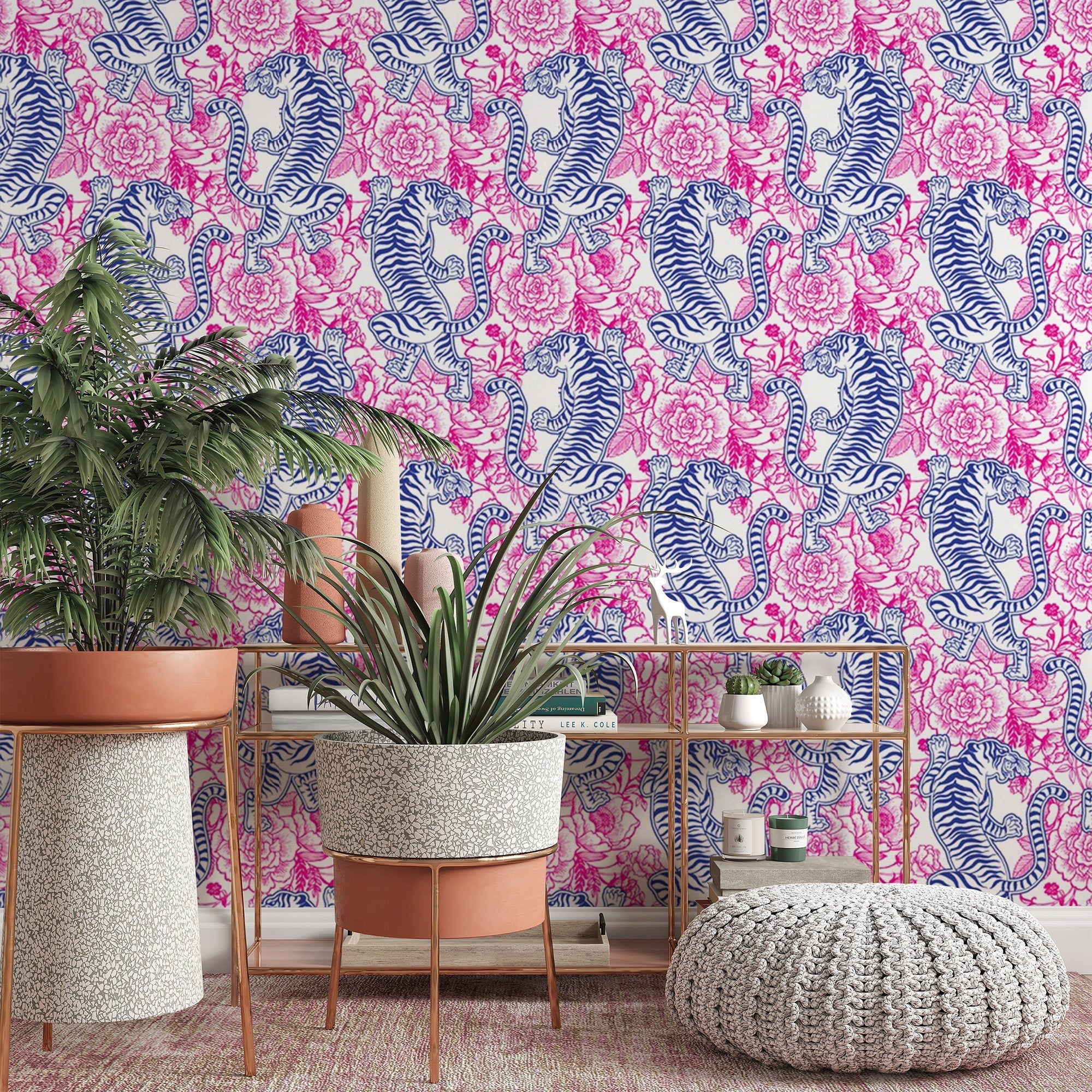 Blue Tiger Pattern Removable Wallpaper, Pink Floral Wall Cling, Nature